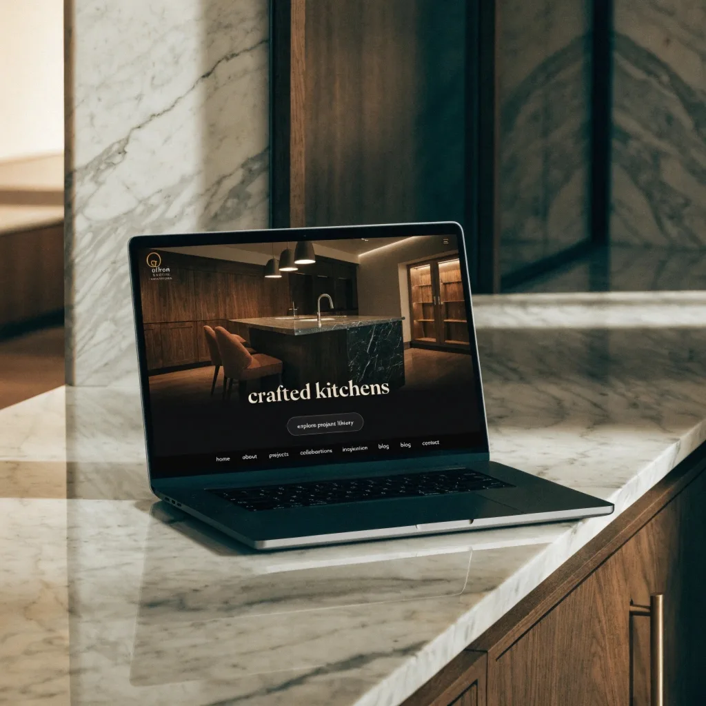 A laptop on a marble counter showing a custom kitchen company website with a hero photo of a walnut showroom