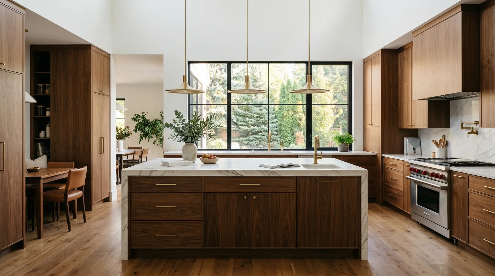 Modern luxury kitchen with walnut cabinetry and marble countertops