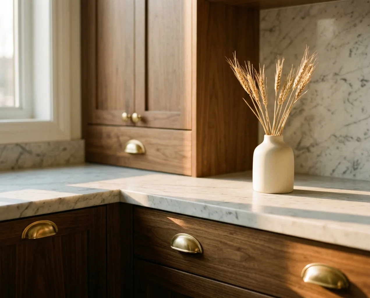 Walnut cabinetry with brass cup pulls and a Carrara marble countertop, lit by warm window light